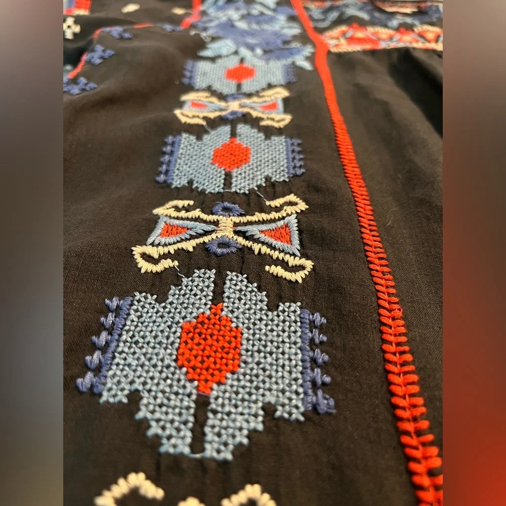 Johnny Was Black Zelda Mexican Peasant Blouse with Blue/Red Embroidery Small - Picture 11 of 15